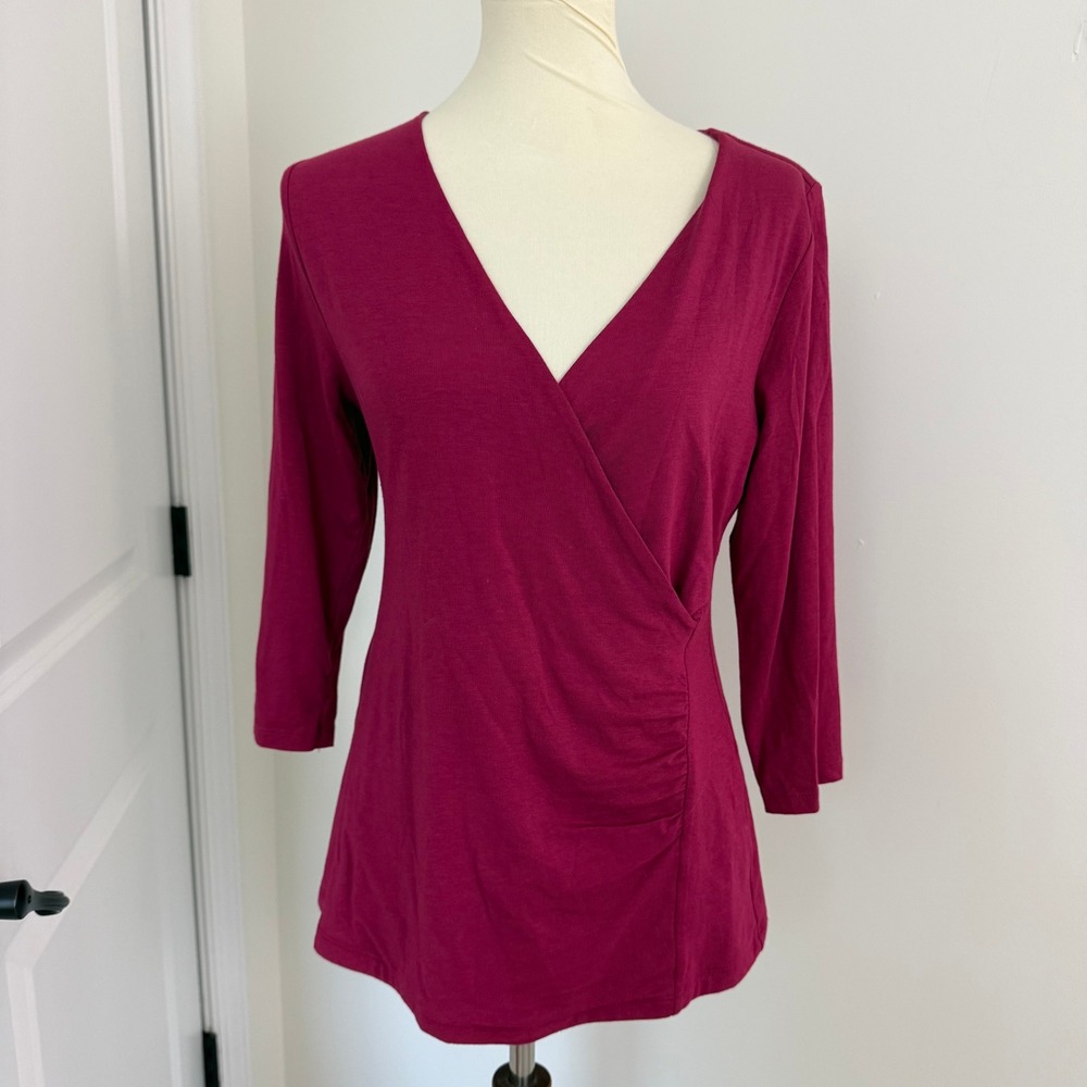 Soft Surroundings Berry Ruched V-Neck 3/4 Sleeve Top Medium Pima Cotton